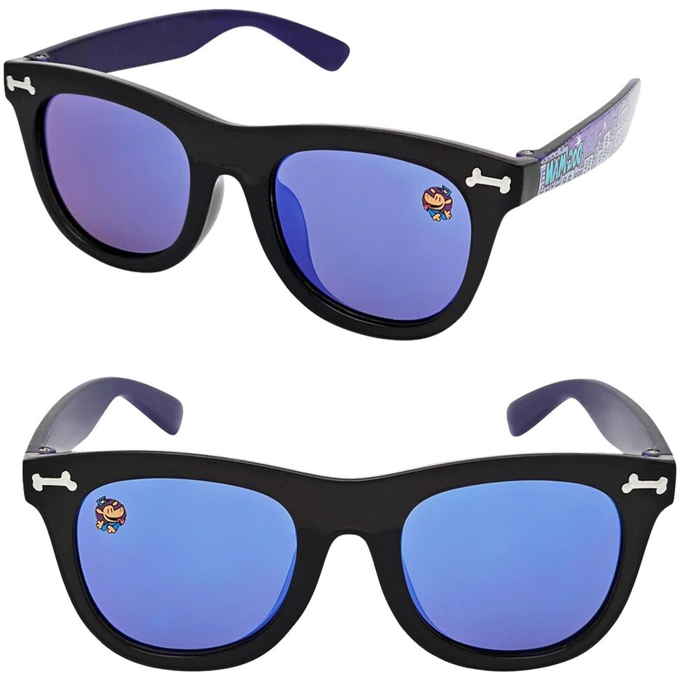 Dog Man Boys Black Horn Rimmed Sunglasses Blue Mirrored Lenses Kids